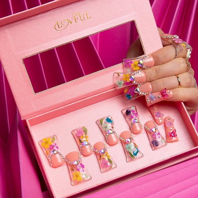 LOVFUL Press on Duck Nails Flora | Salon Quality Handmade Acrylic with Full Covered Crystals | Reusable Fake Nails | Duck Classic Regular 1.3 in | H176-M