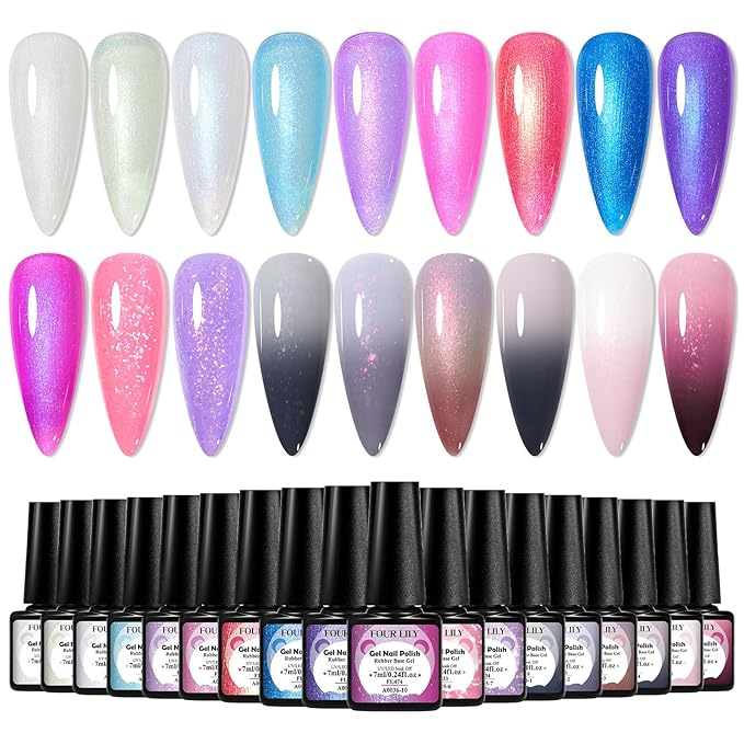 18 Colors Rubber Base Gel Set, Pearlescent Rubber Base Gel Polish for Nails Color Changing Builder Base Nail Gel Brocade 2-in-1 Soak Off Base Gel Nail Strengthener Gifts for Women