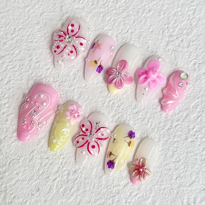 Luxury Press on Nails Medium Almond Handmade 3D Unique Reusable ABS Material Fake Nails Cute Pink False Nails with Designs Rhinestones Flower Art Petal Glossy Glue on Nails Thick Acrylic Nails(M)