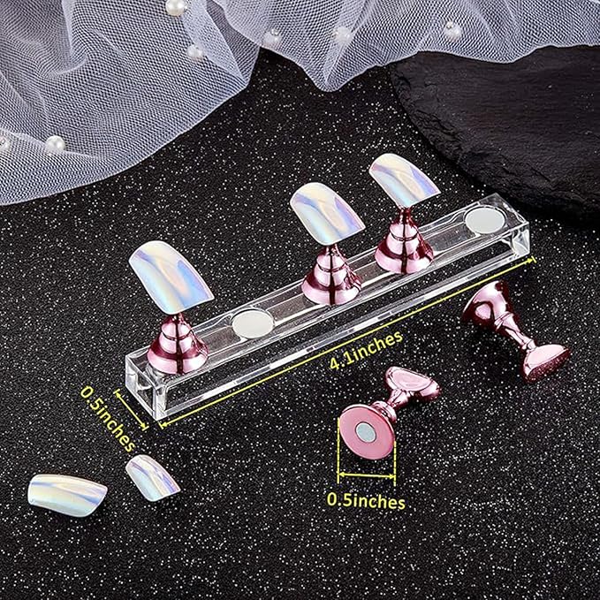 Blulu 2 Sets Nail Stand for Press on Acrylic Nails Display Practice Magnetic Fake Nail Holder for Painting Nails for False Fingernail Manicure Tool Home DIY Salon Supplies(Pink and Silver)