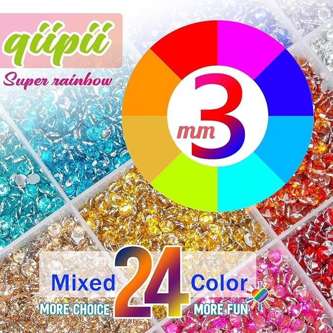 24000PCS 24 Color 3mm Crystal Resin Rhinestones Flatback SS10 Colorful Rainbow Stones Gems Diamonds for Nails Face Eyes Makeup Tumblers Bottles DIY Crafts Bedazzling Crafting Clothes Shoes
