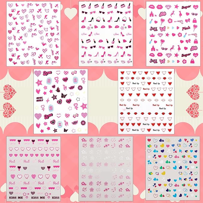 winthrop 8 Sheets Valentine's Day Nail Art Stickers, Charming Heart Lips High Heels 3D Trendy Design Self-Adhesive Pink Nail Art Decals, DIY Manicure Decoration Supplies Accessories for Women Girls