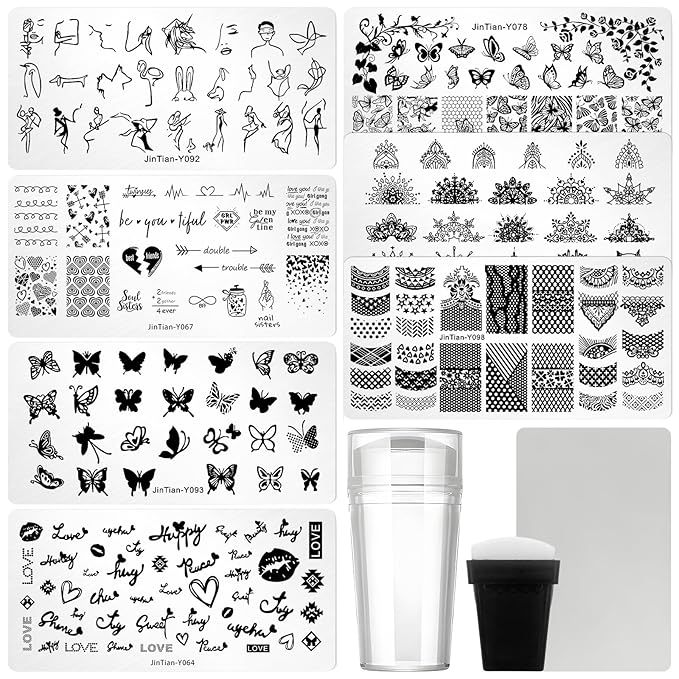 7pc Nail Stamping Plate Kit Butterfly Letter Heart Nails Stamp Plate Geometic Flower Nail Art Template Stencil Fingernail Polish Stamps Plates Set Stamper Scraper French Tips Nails Design Tools