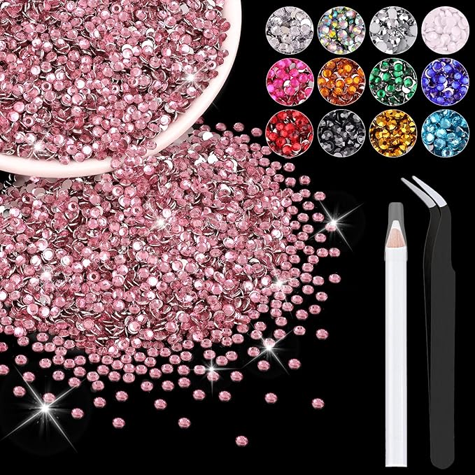 12000PCS 2mm Resin Rhinestones Bulk for Crafting (Dark Pink), Flatback Bedazzling Crystals for Crafts DIY Nail Decoration, Gems Charms for Tumbler Shoes Clothing Fabric with Pickup Pen and Tweezers