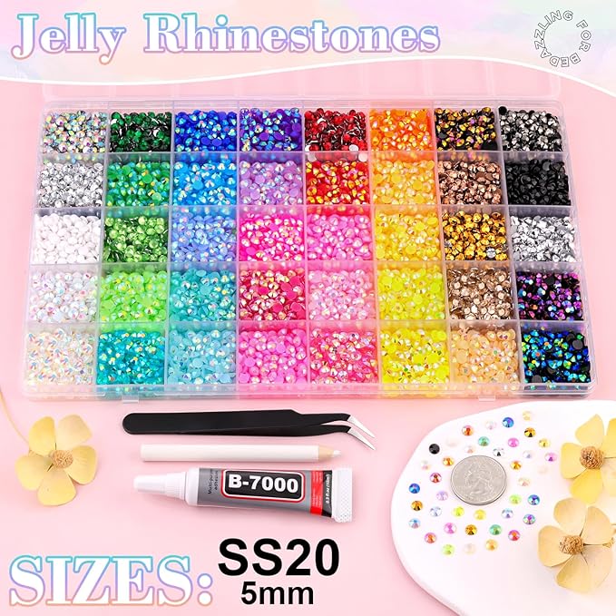 10000Pcs Resin Jelly Rhinestones for Bedazzling, 5mm Mixed-Color Flatback Gems for Diamond Art, Bedazzler Kit with 1Pcs 10ml B7000 Jewelry Glue for Crafting Crafts Book Shoes Nail Art
