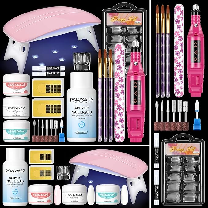 Acrylic Nail Kit for Beginners ,Clear/White/Pink Acrylic Powder Set Nail Drill U v light Nail Kit for Beginner 100PC Fake Tips Brush Manicure Tools for Extensions Starter Set DIY Home Salon