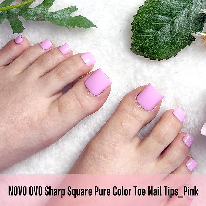 NOVO OVO Pink Square Toe Nail Tips - 240Pcs Soft Gel Press on Toenails, Solid Natural Pink Full Cover Fake Nails for Pedicure, PMMA Acrylic False Toe Nails Extension Kit (15 Sizes, Wide Fit)