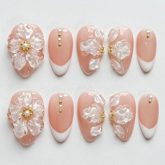 Luxury Press on Nails Short Almond Handmade 3D Unique Reusable ABS Material Fake Nails White French Tip Purple False Nails with Designs Ice Flower Pearls Glossy Glue on Nail Thick Acrylic Nail(M)