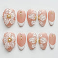 Luxury Press on Nails Short Almond Handmade 3D Unique Reusable ABS Material Fake Nails White French Tip Purple False Nails with Designs Ice Flower Pearls Glossy Glue on Nail Thick Acrylic Nail(S)