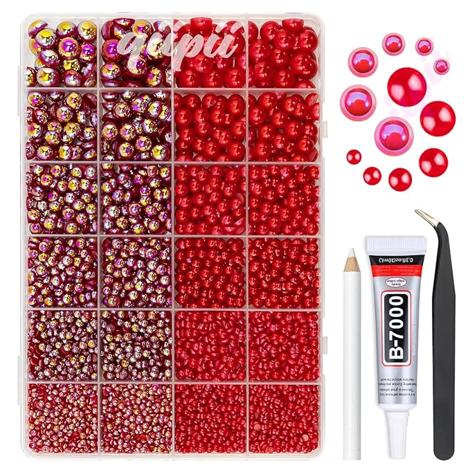 2 Styles Red Flatback Pearls for Bedazzling Crafting 3mm-10mm Half Round Pearls Siam Red Beads Gems Bedazzler Kit Charms for Nails Face Eyes Makeup Tumblers Bottles DIY Crafts Shoes Beauty Deco