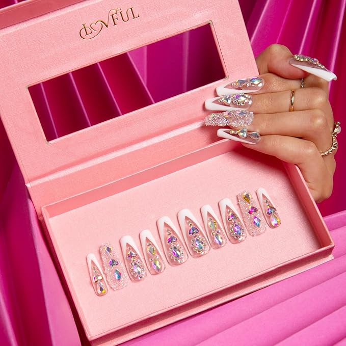 LOVFUL Press on Nails Aurora Light | Handmade with Full Covered Crystals | Reusable Fake Nails | Coffin Classic Regular 1.3 in | H36-L