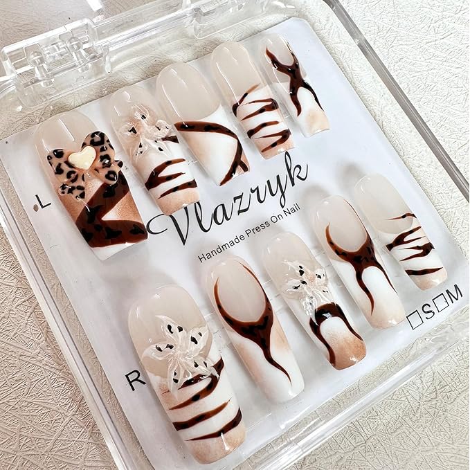 Handmade Press on Nails with Charms - Long Square French False Nails, Stars, Leopard, 3D Flower Embossed Designs for Women & Girls, Nail Kit