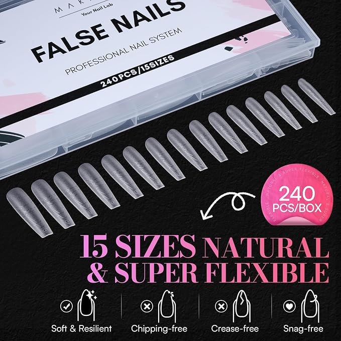 Makartt Extra Long Coffin Nail Tips with Length and Shape Guides, 240PCS 15 Sizes XXL Ballerina Full Cover Clear Matte False Nails with Alignment Scales for Press on Extensions DIY Manicure