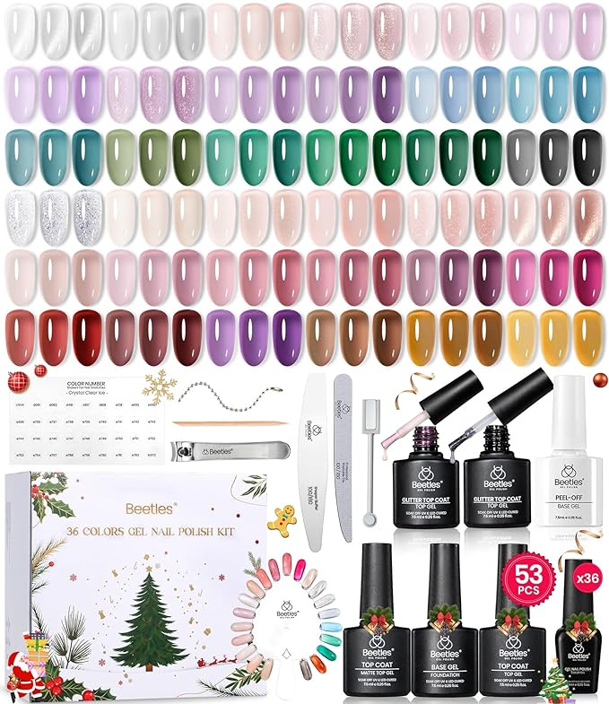 Beetles Frostglaze Veil Jelly Gel Nail Polish Set, 53PCS 36 Colors Christmas Gel Nail Kit Nude Pink Milky White Red Black Blue Green Silver Cat Eye Base Glitter Glossy Matte Top Coat Gift for Women