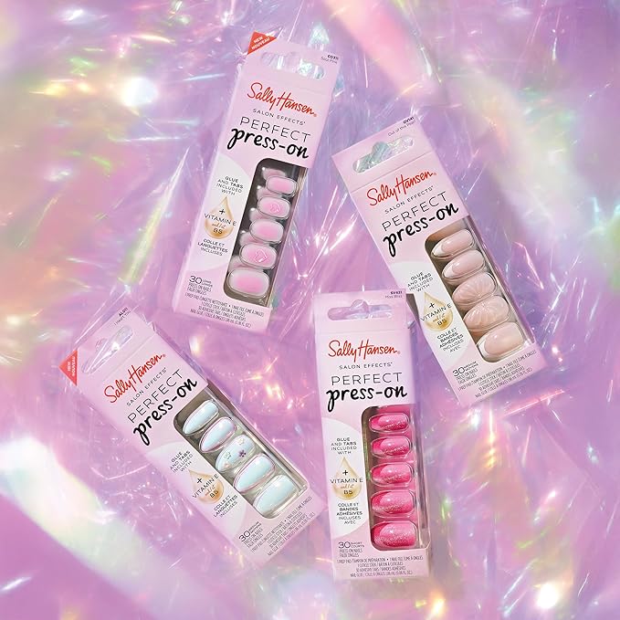 Sally Hansen Salon Effects Perfect Press-On Pink Nails | Almond Shape, 3D Design | Easy to Apply, Non-Damaging, Vitamin E & B5 | 30 Nails, Nail Glue, Adhesive Tabs, File| Blushing on You