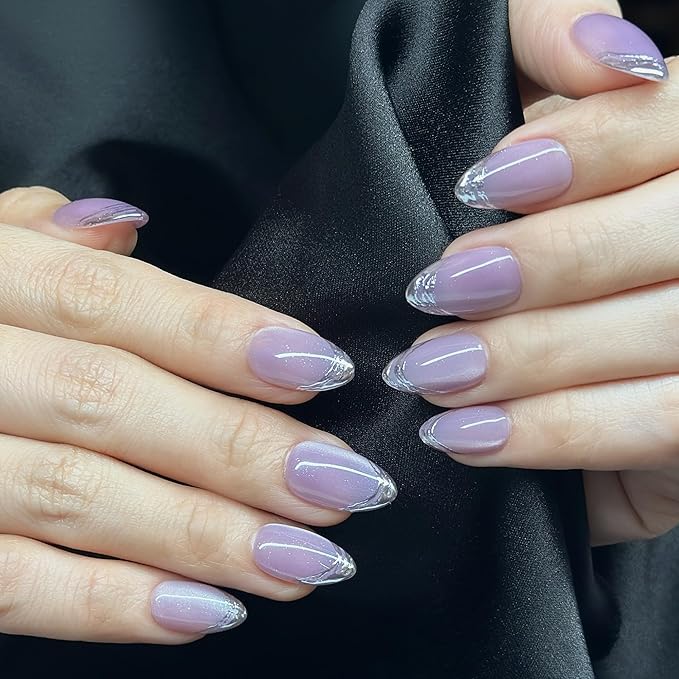 Press On Nails Short Almond Cat Eye Purple Light with Silver Glitter French Tip| Reusable Soft Gel Nails in 12 Sizes 24 Nail Kit with Glue|Designed in L.A, Handmade in Vietnam|Velvet Twilight