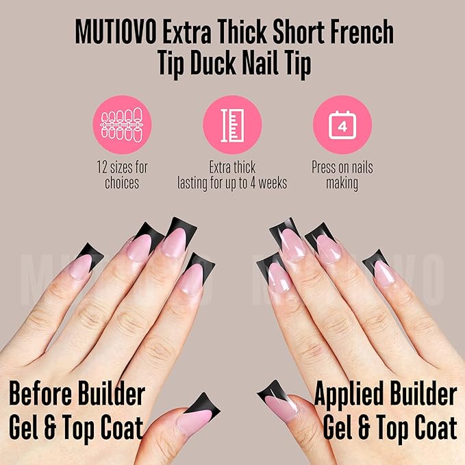 Black French Tip Short Duck Nail Tips Press on, BERRY PINK Extra Thick Pre-designed Soft Gel Nail Extension, Need Builder gel & Top, Coat Full Cover False Nails for DIY x 12 Sizes 240 pcs