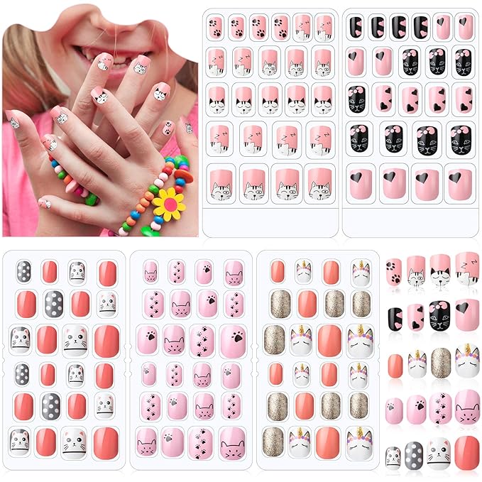 120 Pieces Kids Press on Nails Children Fake Artificial Nails Girls Full Cover Short False Christmas Fingernails for Girls Kids Design Decoration(Cute Theme)