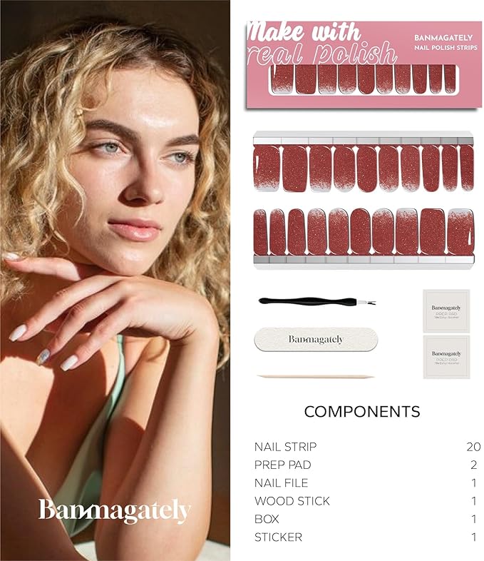Nail Polish Strips, 20Pcs Salon Quality Gel Nail Stickers, Easy Long Lasting Wraps for Short Nails no UV Light Needed (Christmas Red)