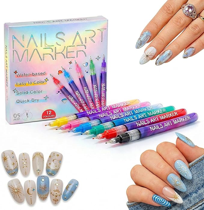 12 Colors Nail Art Pens Set – Nail Art Markers and Nail Markers, Nail Pens for Nail Art Designs, Nail Art Pens for Painting Nails, Fine Tip, Smooth Ink Flow for DIY Manicure