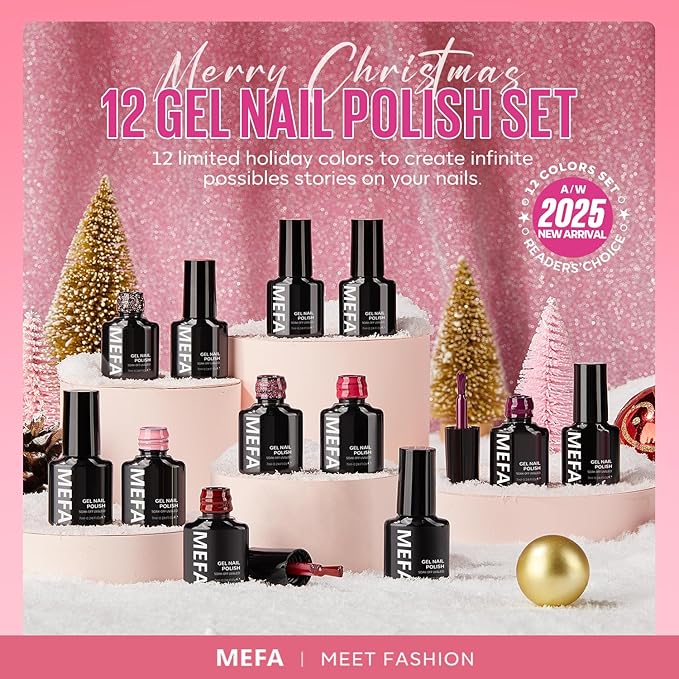 MEFA Christmas Gel Nail Polish Set, 12 Colors Pink Red Gel Polish Set Shimmering Gold Silver Glitter Nail Polish Soak Off Purple Nude White Brown Gifts for Girl DIY Salon Home Manicure