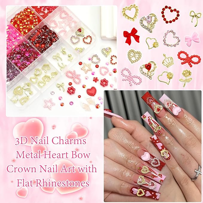 BELICEY Valentines Gold Heart Nail Charms 3D Metal Red Heart Nails Rhinestone and Gem Flatback Pink Bow Nail Jewelry for Valentine‘s Day DIY Manicure Decorations for Women Accessories Supplies
