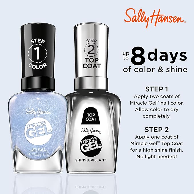 Sally Hansen Miracle Gel Salon Quality Nail Polish | Gel-Like Formula, Two-Step System, No UV Light Needed, Long Lasting | Sheer, Glossy | 627 Blue Skies Ahead | Gray Blue Nail Polish