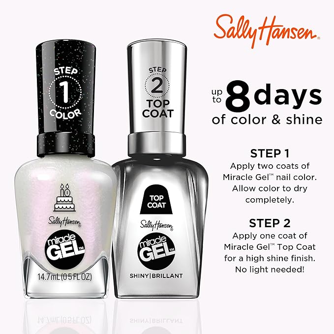 Sally Hansen Miracle Gel Salon Quality Nail Polish | Gel-Like Formula, Two-Step System, No UV Light Needed, Long Lasting | Sheer, Glittery | 785 Twinkle Whites | Iridescent White Nail Polish
