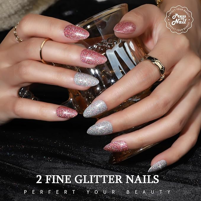 Teenitor 288pcs Short Almond Press on Nails for Women, 12 Sets of Short Fake Nails with Glue, Matte & Glitter Finish