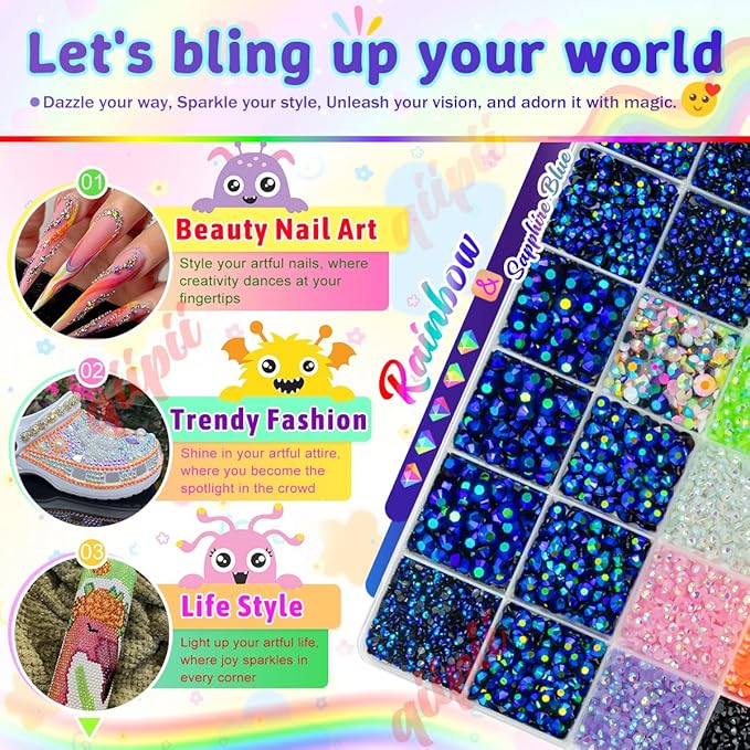 Sapphire Blue AB Resin Rhinestones w B7000 Glue for Crafting Bedazzling 2mm-6mm Flatback Colorful Jelly Stones Diamonds Gems Bedazzler Kit for Nails Face Eyes Makeup Tumblers Bottles DIY Crafts