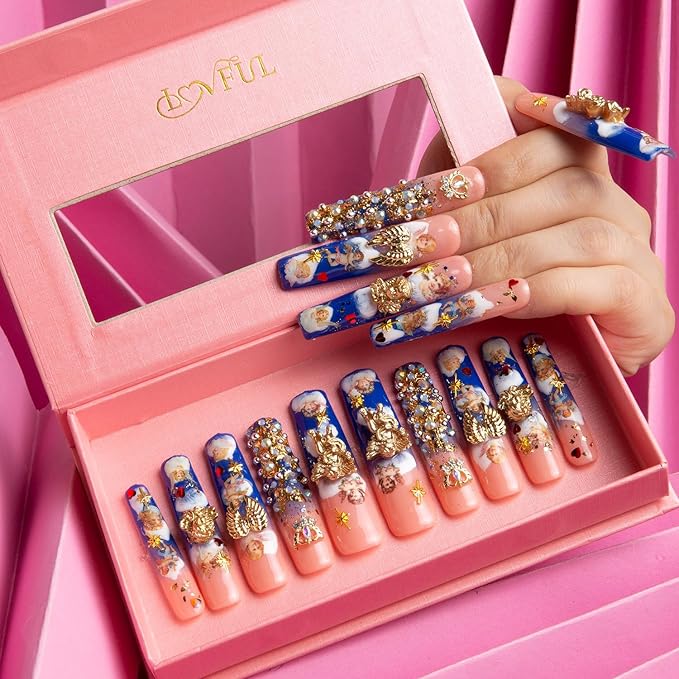 LOVFUL Press on Nails the Palace of Murals | Handmade with Full Covered Crystals | Reusable Fake Nails | Square | H174-S, pink