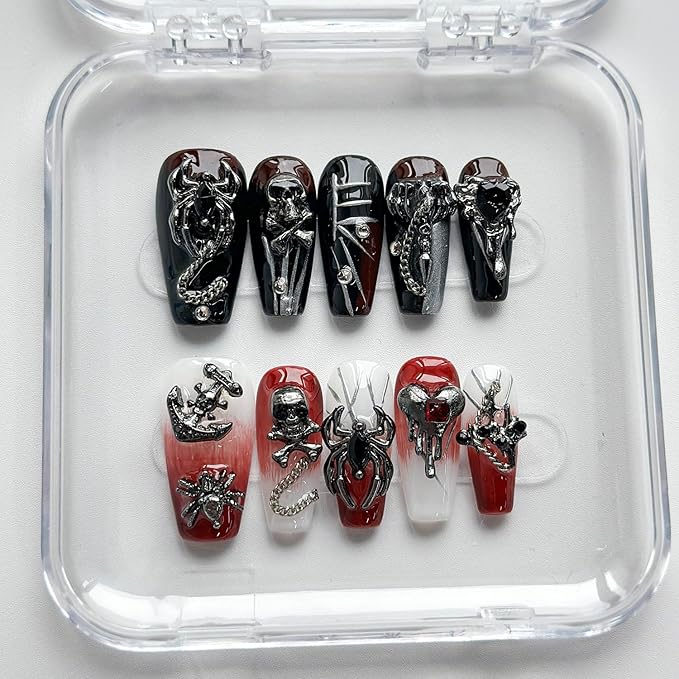 Luxury Halloween Press on Nails Medium Coffin Handmade 3D Unique Reusable ABS Material Fake Nails Gothic False Nails with Designs Spider Skull Charms Glossy Glue on Nail Thick Acrylic Nail(M)