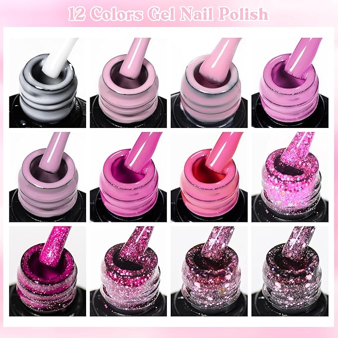 MEET ACROSS 12pcs Gel Nail Polish Set,Soak Off UV LED Lamp Gel Nail Polish Kit,Fashion Shimmer Nail Art Design Gifts for Women Manicure Salon (Pink-2)