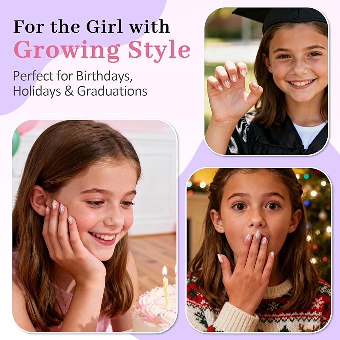 16 Sizes Press on Nails Kit for Kids - 32 Pieces French Almond Fake Nail Tips for Girls 8-12 Years Old with Jelly Nail Adhesives & No-Lamp Nail Glue, Birthday Easter Gifts (Rainbow Flower)