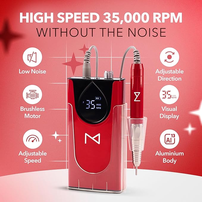 M Max - Nail Drill Professional - 2-in-1 Brushless Motor Nails Drill Machine - Electric, Cordless, Aluminium Alloy Casing, 35000 RPM, HD Display - Perfect for Salon & Home Use (Red)