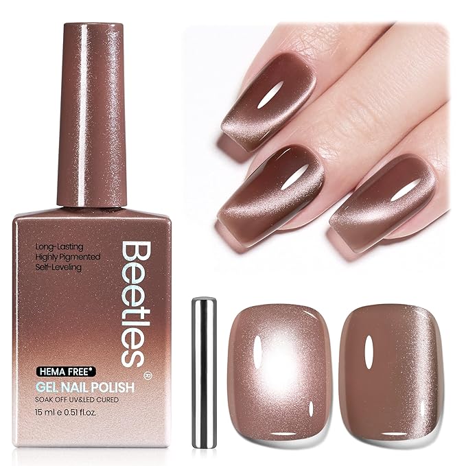 Beetles Brown Cat Eye Gel Nail Polish - Amber Hour Cat Eye Gel Polish, 15ML Glitter Brown Magnetic Fall Gel Polish Jelly Sheer Translucent Effect Soak Off UV French Nail Art Manicure Gift for Women