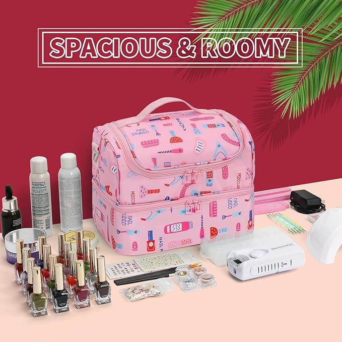 Nail Polish Organizer Case - Holds 45-90 Bottles & UV Nail Lamp, Nail Tech Organizers And Storage Bag for Nail Supplies & Manicure Kit & Pedicure Tools, Nail Technician Case (Cartoon Pink, 45 Slots)