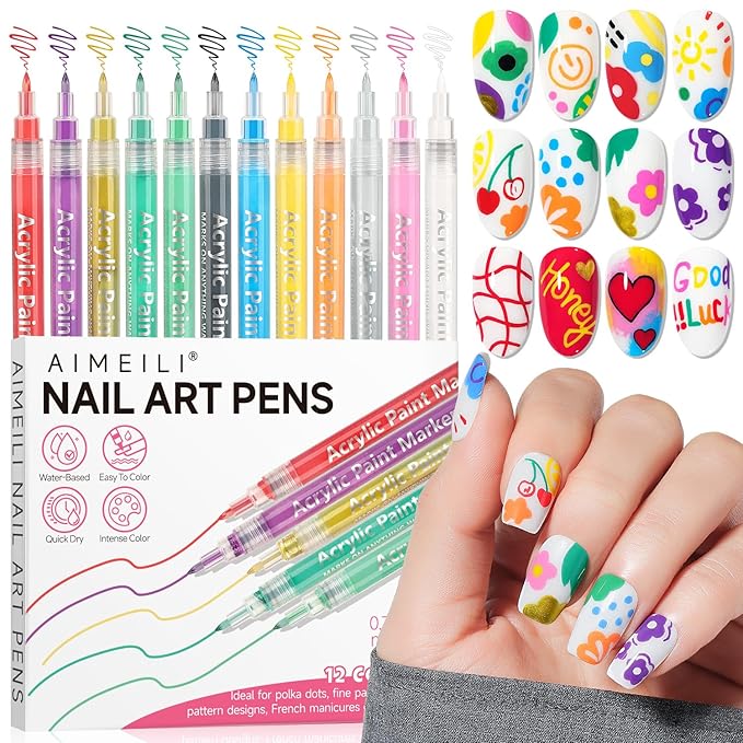 AIMEILI 12 Colors Nail Art Pens Set, Fine Tip Acrylic Paint Pens for Salon & Home DIY Nail Design, Dotting Drawing Liner Brush for Manicure, Nail Polish Art Decoration Kit 1