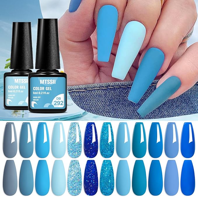 MTSSII Blue Gel Nail Polish Set 12 Colors, Royal Blue Sky Blue Glitter Navy Blue Nail Gel Polish Kit Light to Dark Shades Soak Off Nail Art Salon Design Home Manicure Holiday Gift for Women Girl