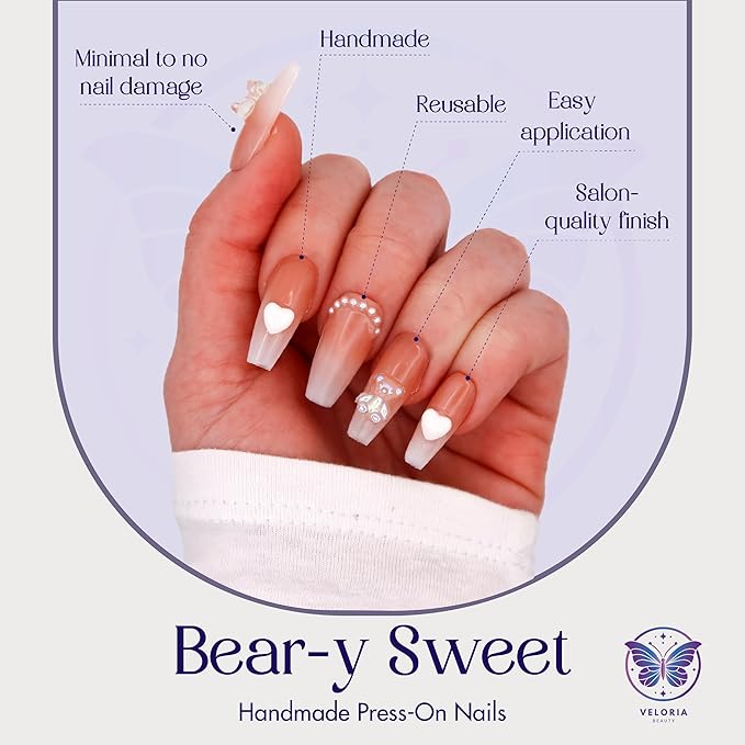 3D Handmade Press On Nails, Long White & Nude Pink Coffin Shaped w/Rhinestones, Hearts & Gummy Bears, Acrylic, Gel, Reuseable Kit, For Women Daily Wear Special Occasion (Beary Sweet)