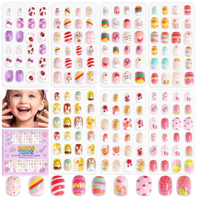 168Pcs 7 Pack SAVILAND Press on Nails for Kids: Funky-bright Fake Nails for Kids 8-12 Pre-Glue Full Cover Sparkly Color Fruit Animal Stick on Nails for Girls Gifts with Nail Adhesive Tabs (Glamkids)