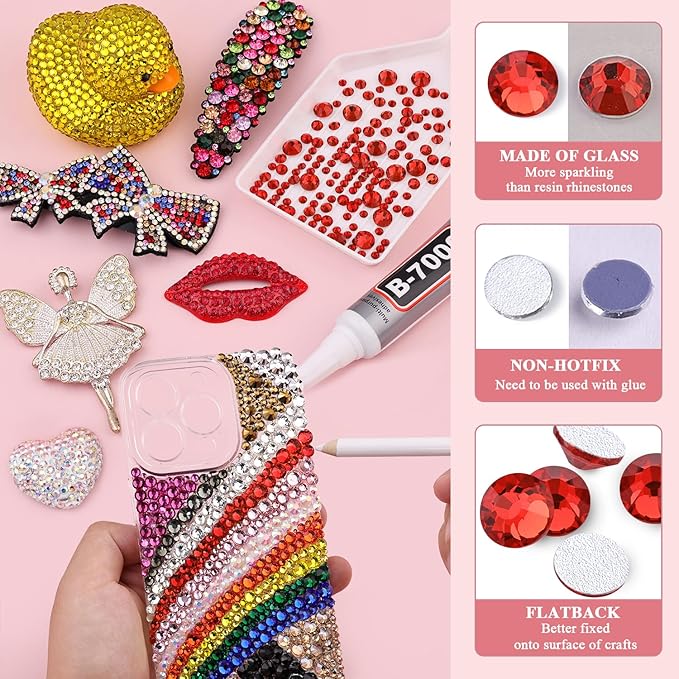 600PCS SS30/6mm Crystal Rhinestones (Light Red/Light Siam) with 2Pcs 10ml B7000 Jewelry Glue, Bedazzling Flatback Glass Rhinestones for Crafting, Gems Diomand Charm for Tumbler Shoes Clothing Nail Art