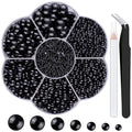 Nail Art Flat Back Half Round Pearl Kits 9, 1 Box of 6000 Pcs Flat-Back Black Pearl with Tweezer and Picker Pencil for Home DIY Nails Body Face Craft and Salon Use