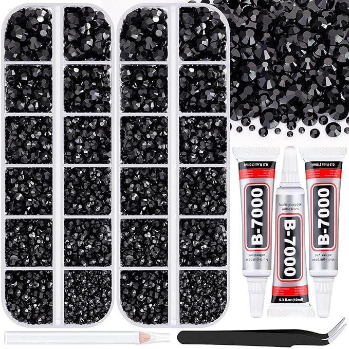 12000Pcs Resin Rhinestones for Bedazzling with 3Pcs B7000 Jewelry Glue, 2 Boxes Black Flatback Rhinestones for Crafting Crafts DIY, Crystals Gems for Clothing Shoes Tumblers Nail Art Makeup