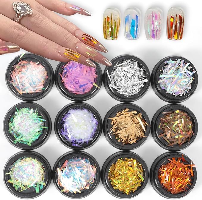 DANNEASY 12 Boxes Holographic Foil Paper, Laser Metallic Nail Foils Broken Glass Cellophane Nail Art Foil Sheets Aurora Nail Art Stickers Decals for Nails Supplies DIY Salon