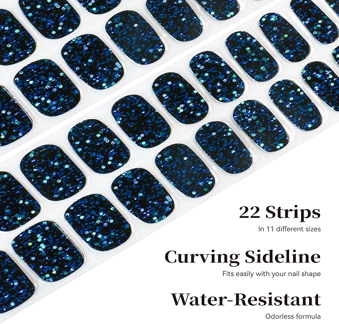 Semi Cured Gel Nail Strips Dark Blue Glitter Nail Strips with UV/LED Required Long Lasting Gel Nail Stickers Includes 22 Strips 2 Prep Pads, Nail File & Wooden Stick