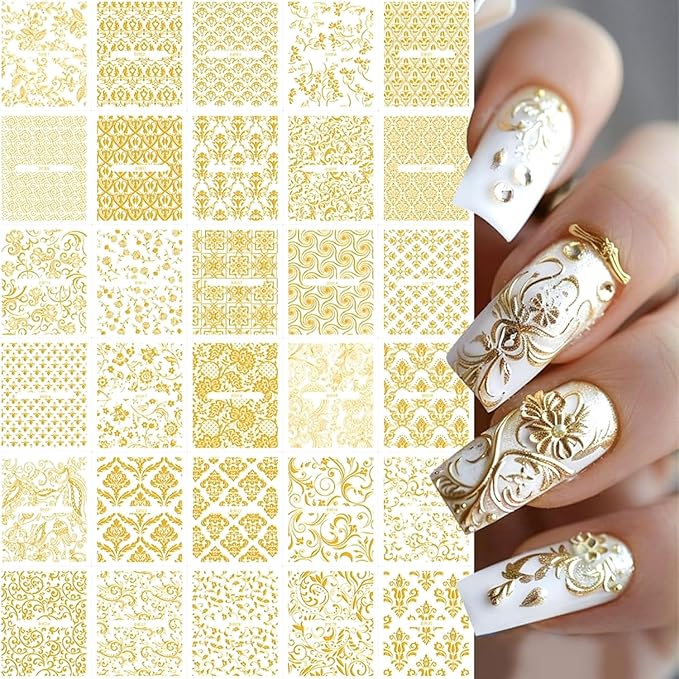 30 Sheets Gold Art Stickers Decals 3D Self-Adhesive Lace Decals Retro Flower Designs Nail Supplies Summer Nail Decoration DIY Nails Accessories for Women