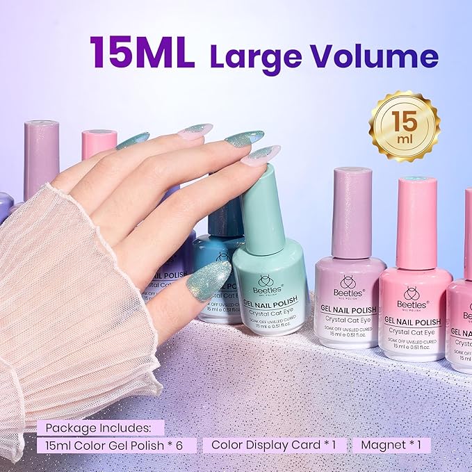 Beetles Stardust Whisper Cat Eye Gel Nail Polish Set - 6 Colors Spring Gel Polish Kit Glitter Cat Eye Pink Blue Purple Red Green Velvet Gel Magnet Soak Off UV French Nail Art Manicure Gift for Women