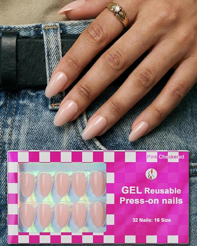 32pcs Short Press On Nails Almond 16 Sizes Glossy Fake Nails with Glue (Nude Pink)