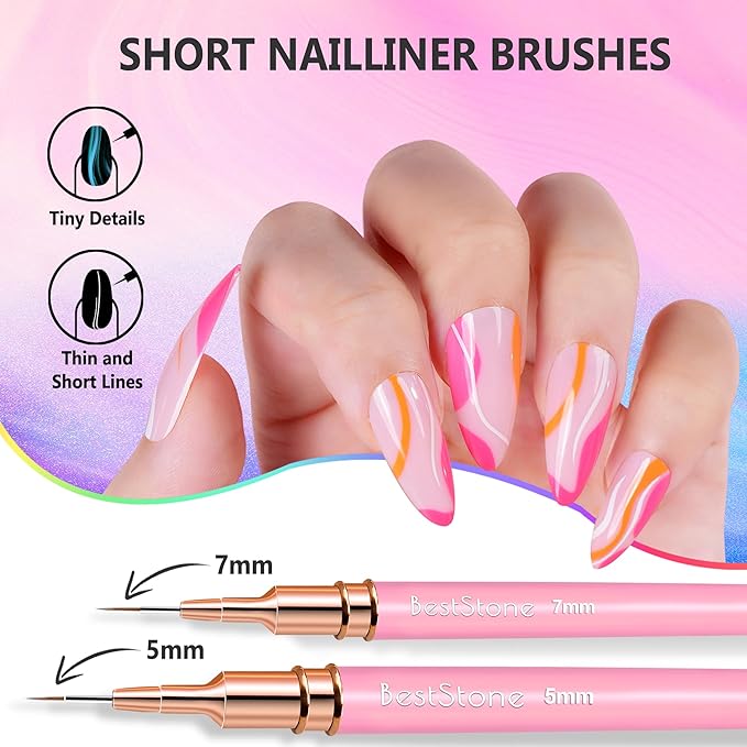 Nail Art Liner Brushes, 5Pcs Professional Gel Polish Painting Art Design Pen Set for Long Lines, Thin Details, Fine Drawing Sizes 5/7/9/11/20mm Nail Art Design Gift for Women(Pink)
